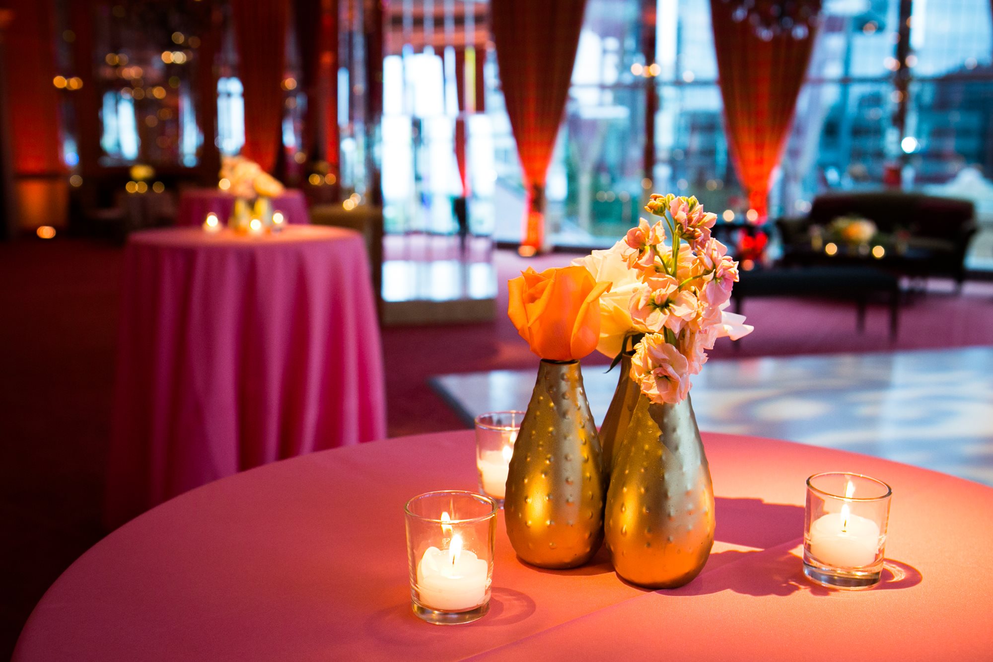 Pink Linens/gold vases